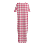 Pink Check Pattern Print Short Sleeve Long Nightdress