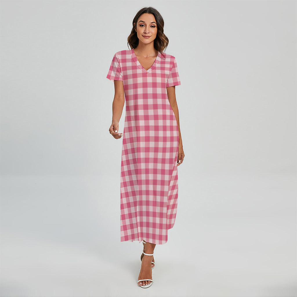 Pink Check Pattern Print Short Sleeve Maxi Dress