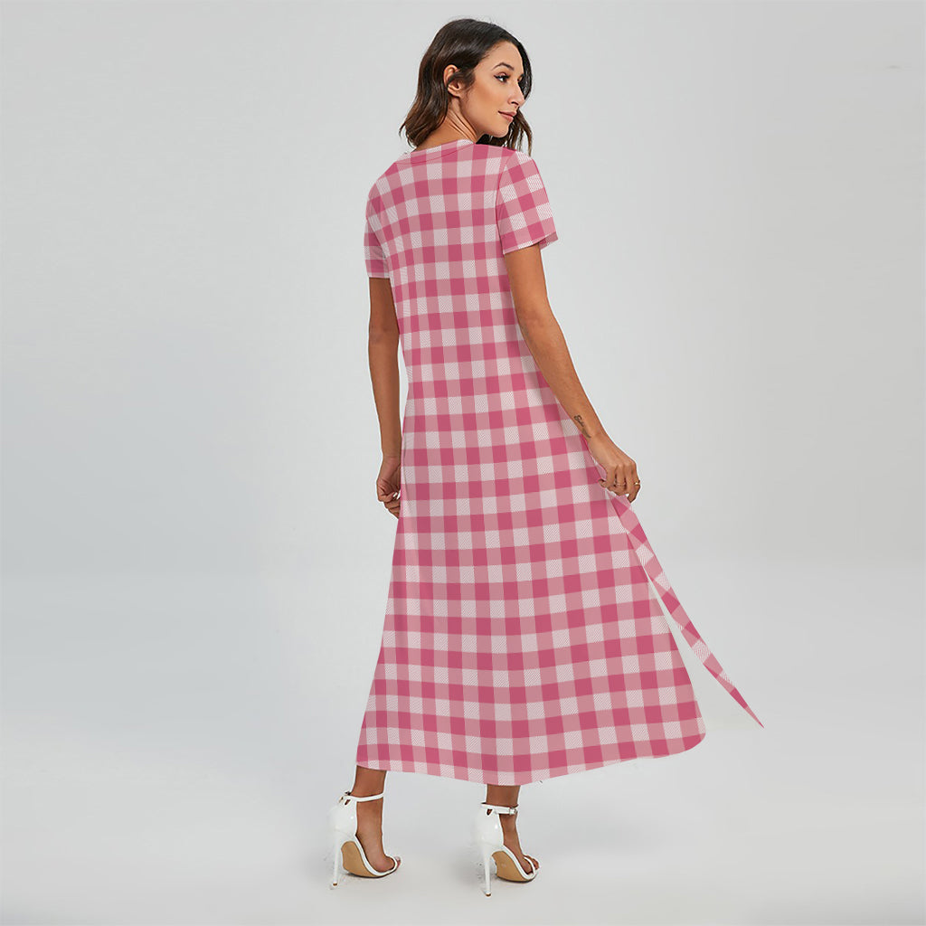 Pink Check Pattern Print Short Sleeve Maxi Dress