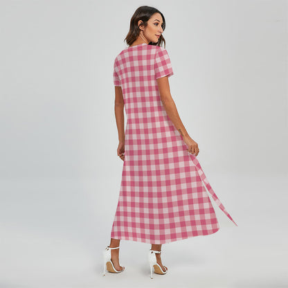 Pink Check Pattern Print Short Sleeve Maxi Dress