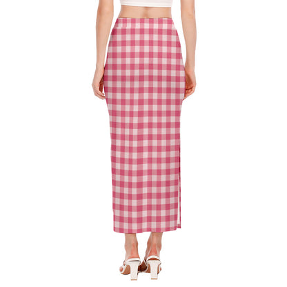 Pink Check Pattern Print Side Slit Maxi Skirt