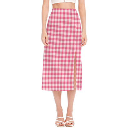 Pink Check Pattern Print Side Slit Midi Skirt