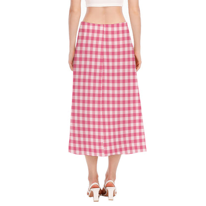 Pink Check Pattern Print Side Slit Midi Skirt