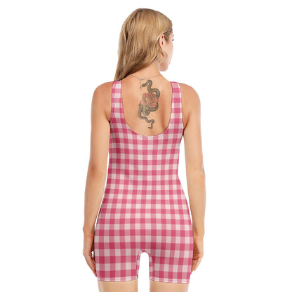 Pink Check Pattern Print Sleeveless One Piece Swimsuit