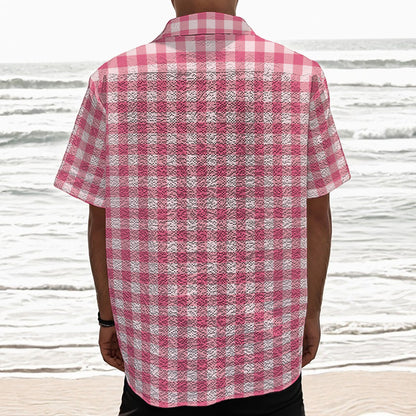 Pink Check Pattern Print Textured Short Sleeve Shirt