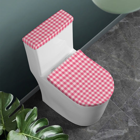Pink Check Pattern Print Toilet Lid And Tank Cover Set