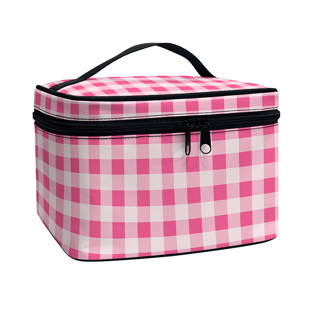Pink Check Pattern Print Travel Makeup Bag