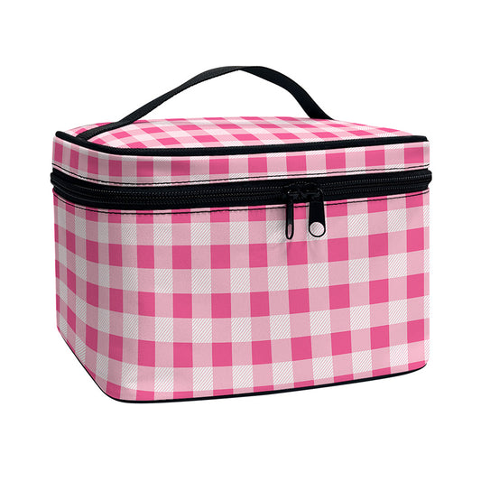 Pink Check Pattern Print Travel Makeup Bag