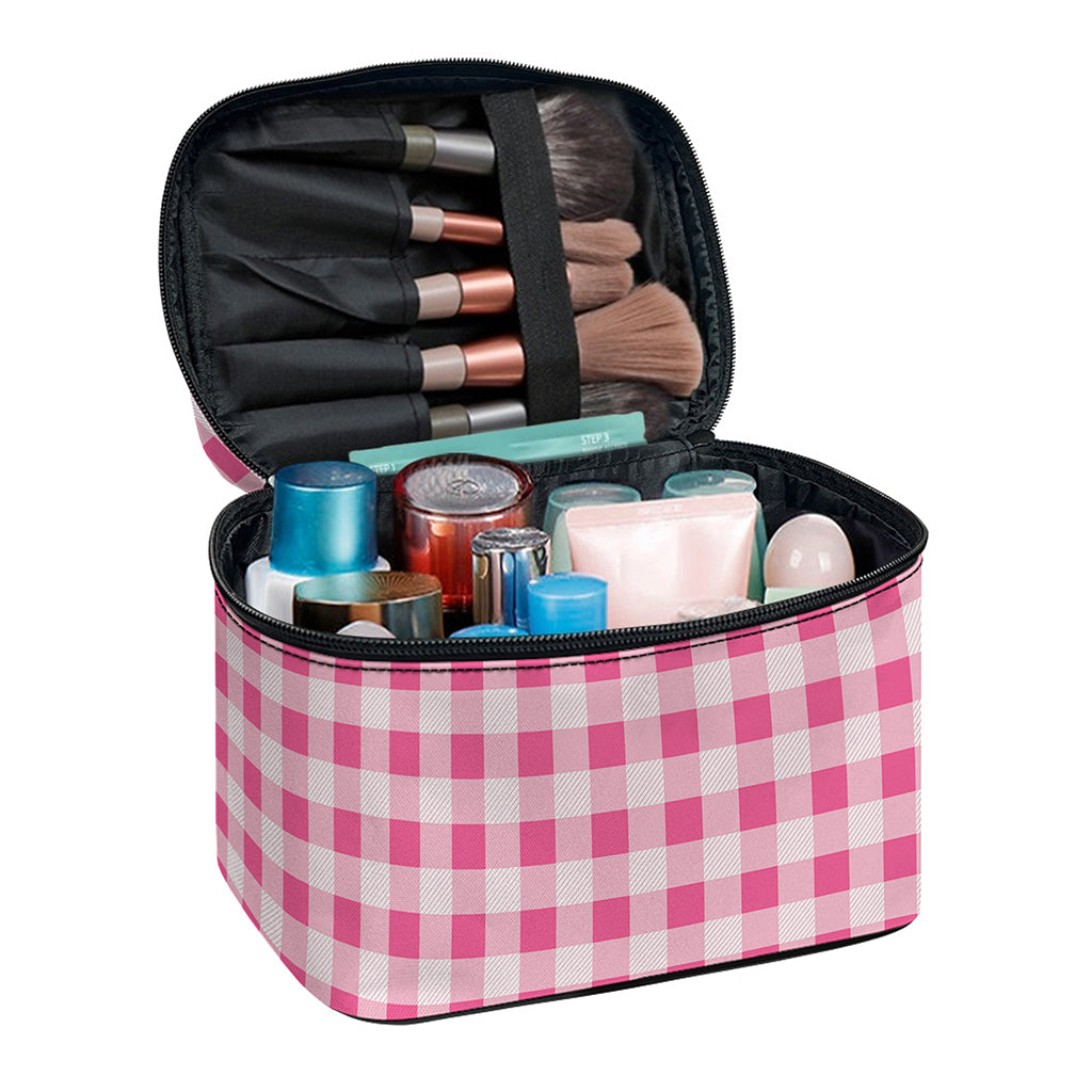 Pink Check Pattern Print Travel Makeup Bag