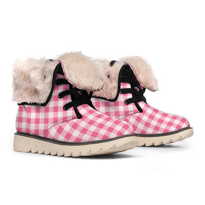 Pink Check Pattern Print Winter Boots
