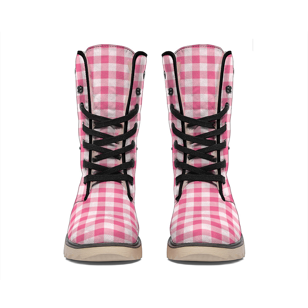 Pink Check Pattern Print Winter Boots