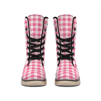 Pink Check Pattern Print Winter Boots