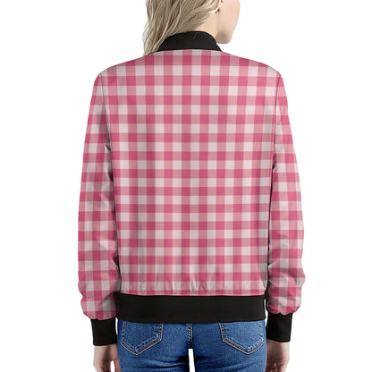 Pink Check Pattern Print Women's Bomber Jacket