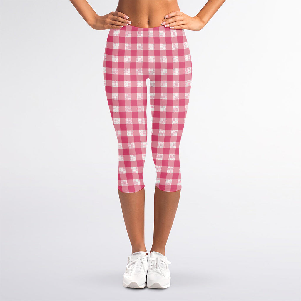 Pink Check Pattern Print Women's Capri Leggings