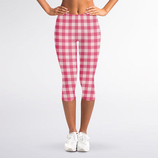 Pink Check Pattern Print Women's Capri Leggings
