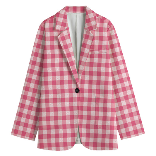 Pink Check Pattern Print Women's Cotton Blazer