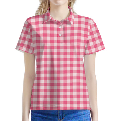 Pink Check Pattern Print Women's Polo Shirt