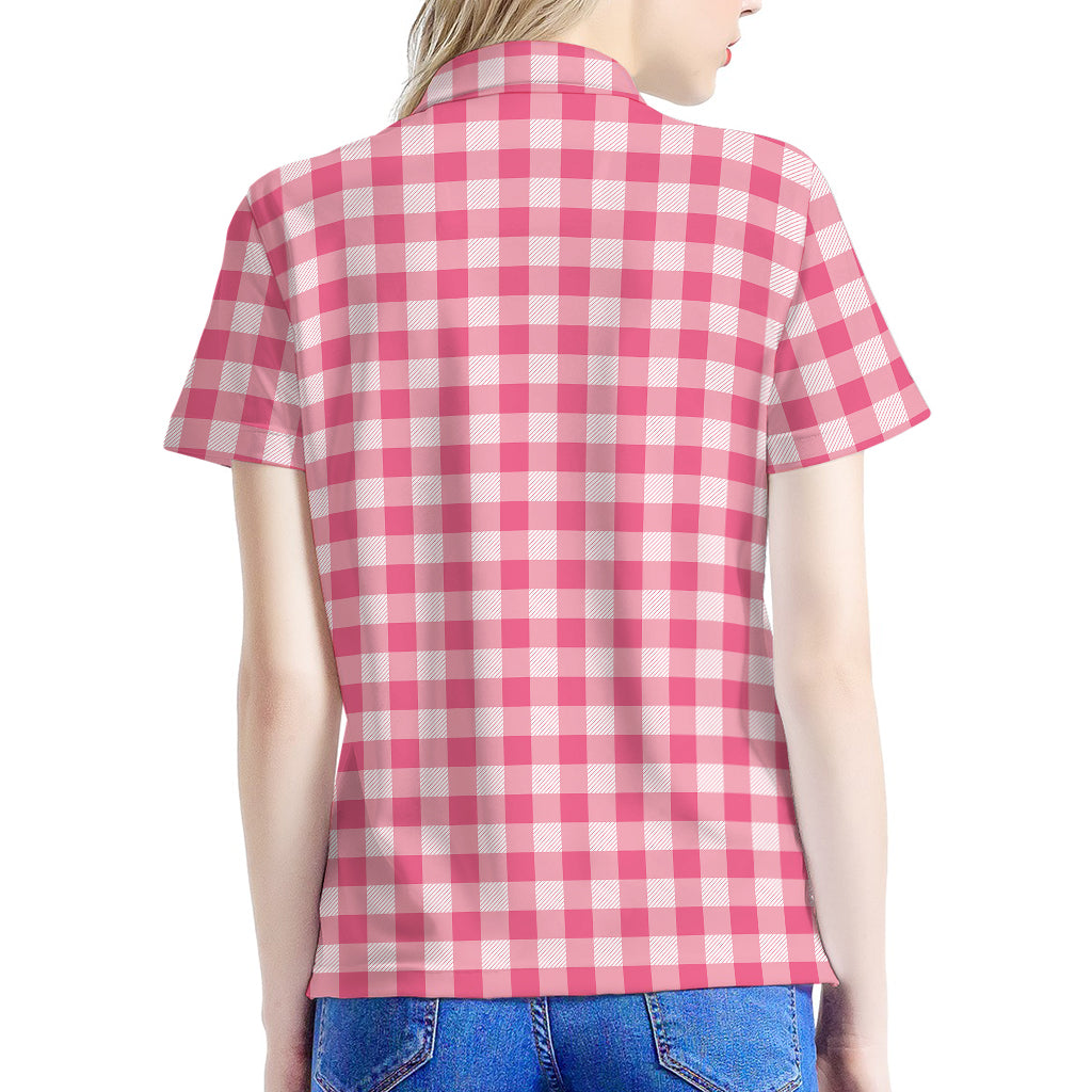 Pink Check Pattern Print Women's Polo Shirt