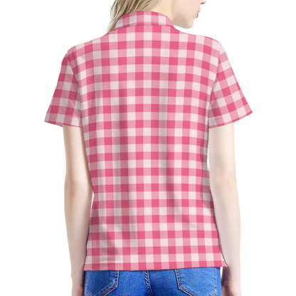 Pink Check Pattern Print Women's Polo Shirt