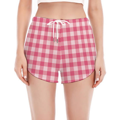 Pink Check Pattern Print Women's Split Running Shorts