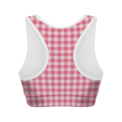 Pink Check Pattern Print Women's Sports Bra