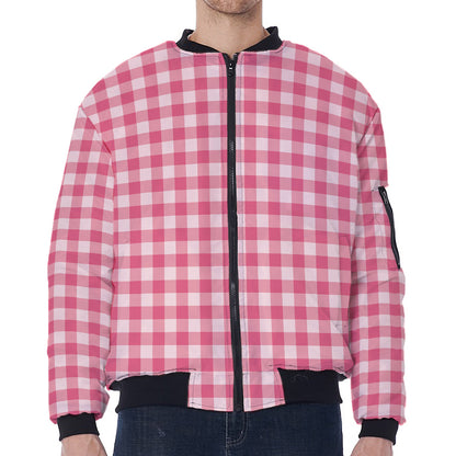 Pink Check Pattern Print Zip Sleeve Bomber Jacket