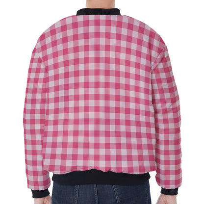 Pink Check Pattern Print Zip Sleeve Bomber Jacket