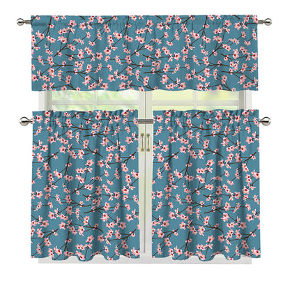 Pink Cherry Blossom Pattern Print 3 Piece Kitchen Curtains