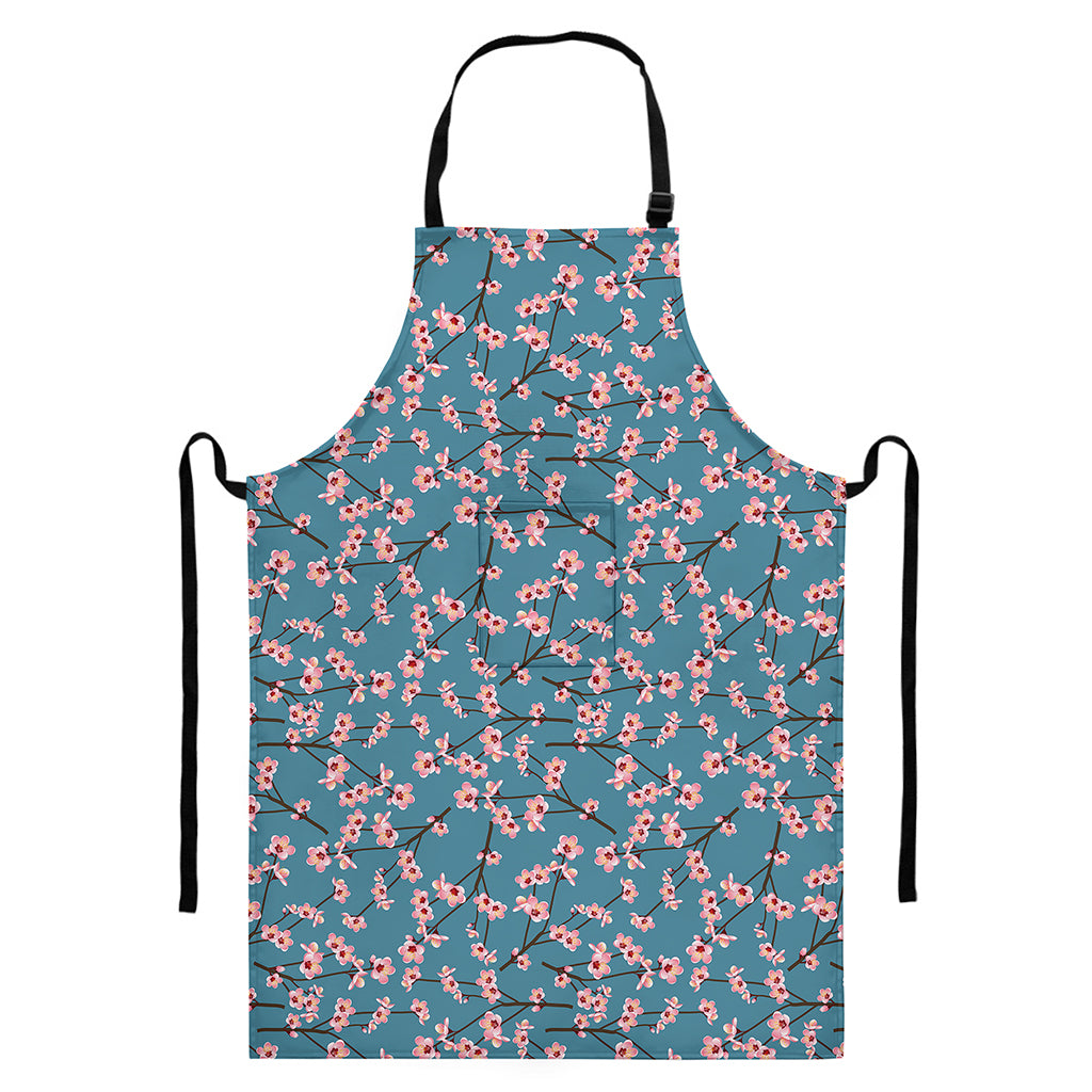 Pink Cherry Blossom Pattern Print Bib Apron With Pocket