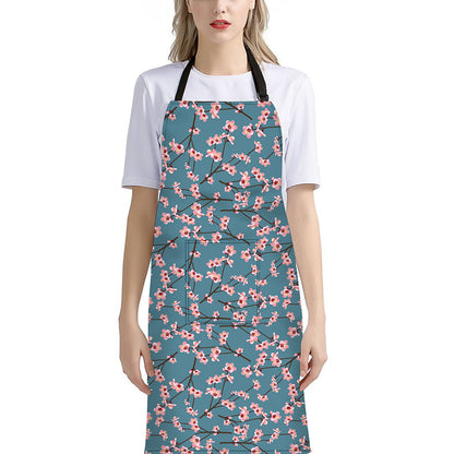 Pink Cherry Blossom Pattern Print Bib Apron With Pocket