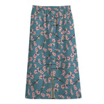 Pink Cherry Blossom Pattern Print Cotton Front Slit Maxi Skirt