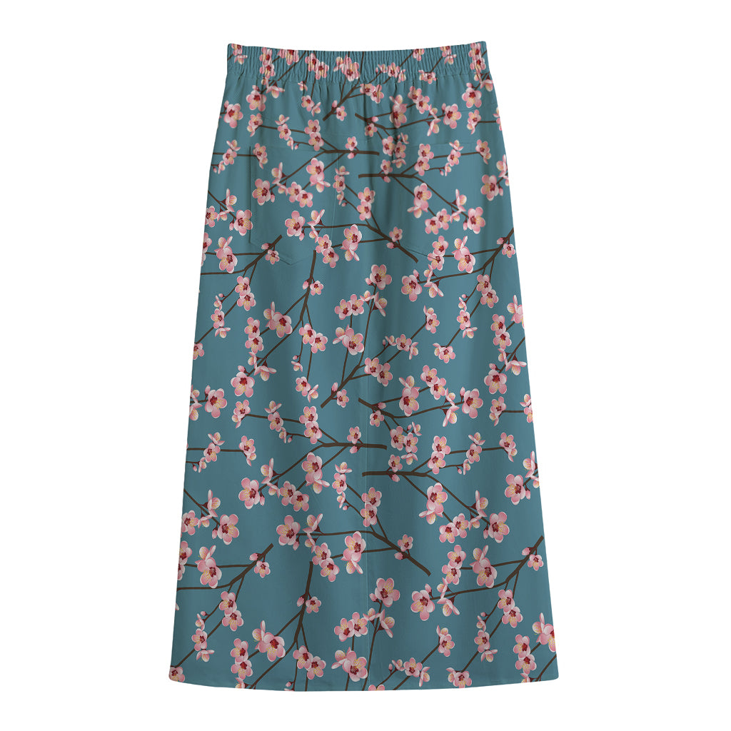 Pink Cherry Blossom Pattern Print Cotton Front Slit Maxi Skirt
