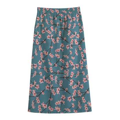 Pink Cherry Blossom Pattern Print Cotton Front Slit Maxi Skirt