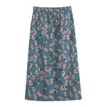 Pink Cherry Blossom Pattern Print Cotton Front Slit Maxi Skirt