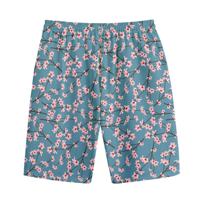 Pink Cherry Blossom Pattern Print Cotton Shorts