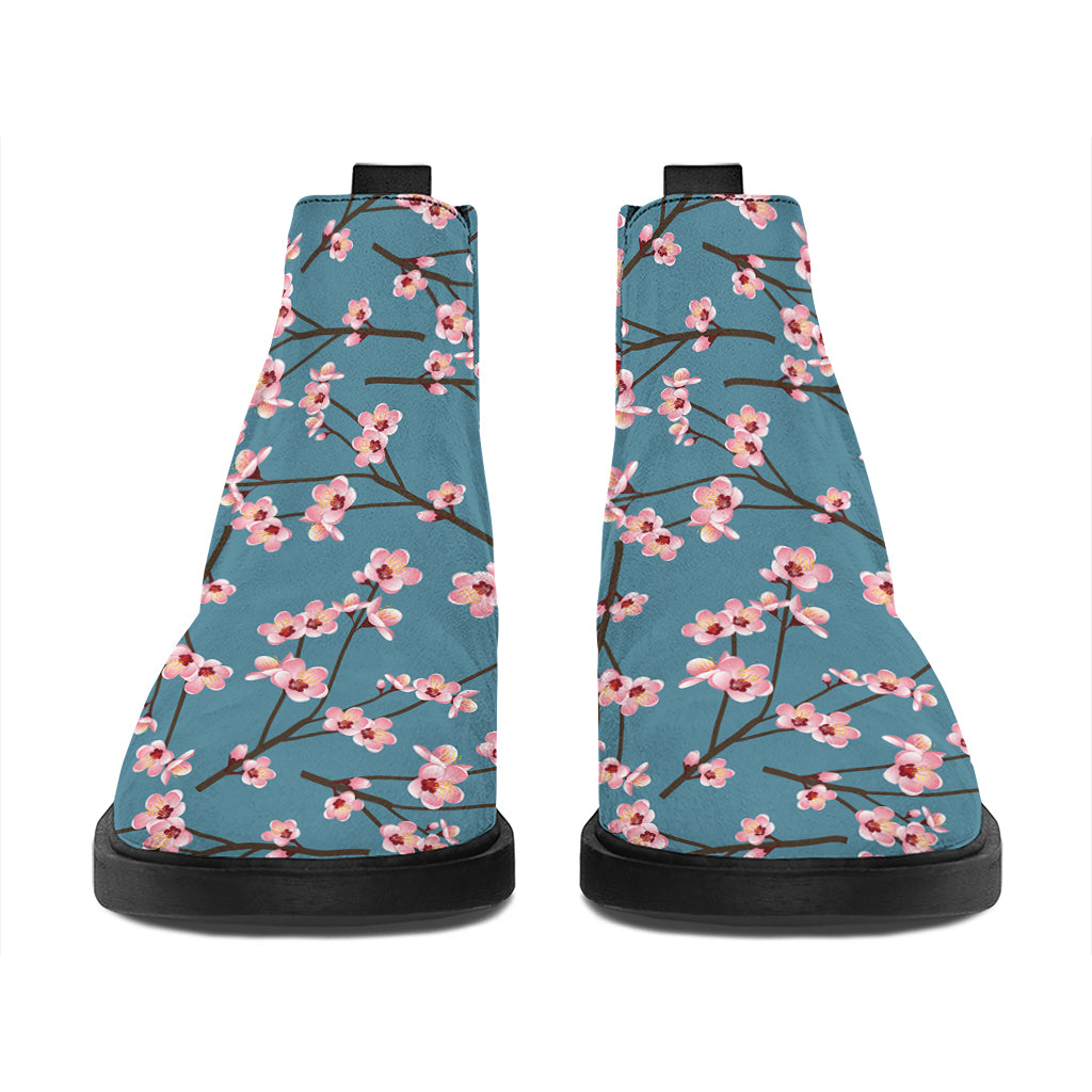 Pink Cherry Blossom Pattern Print Flat Ankle Boots