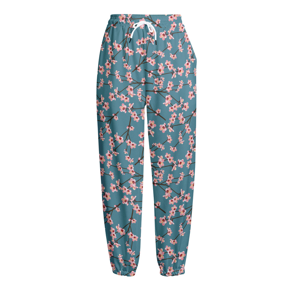 Pink Cherry Blossom Pattern Print Fleece Lined Knit Pants