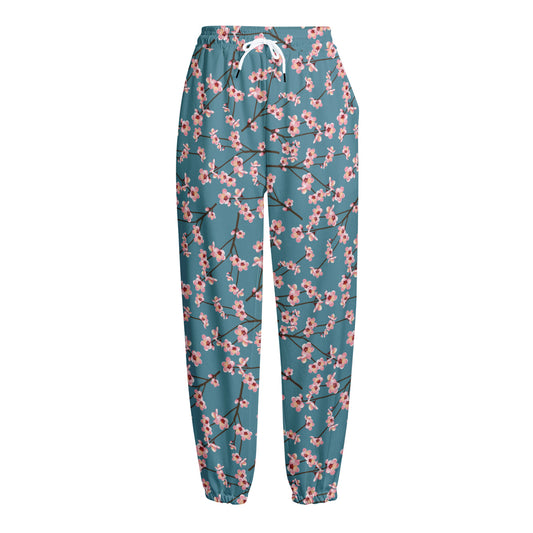 Pink Cherry Blossom Pattern Print Fleece Lined Knit Pants