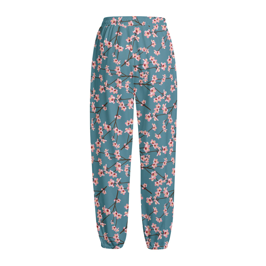 Pink Cherry Blossom Pattern Print Fleece Lined Knit Pants