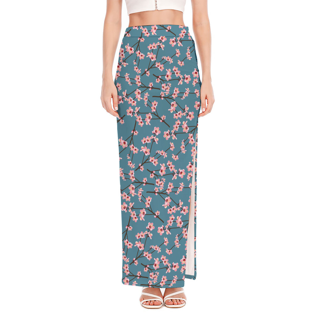 Pink Cherry Blossom Pattern Print High Slit Maxi Skirt