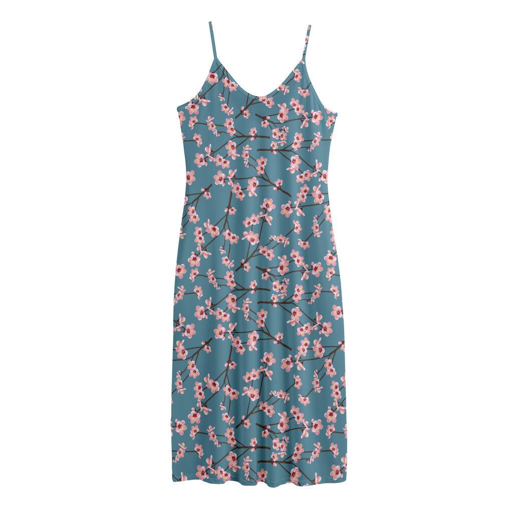 Pink Cherry Blossom Pattern Print Jersey Midi Cami Dress