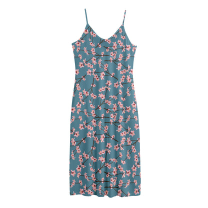 Pink Cherry Blossom Pattern Print Jersey Midi Cami Dress