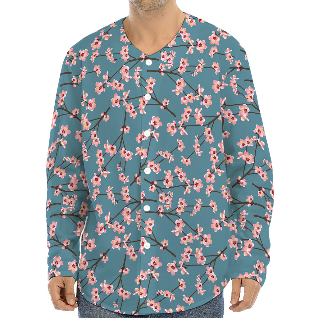 Pink Cherry Blossom Pattern Print Long Sleeve Baseball Jersey