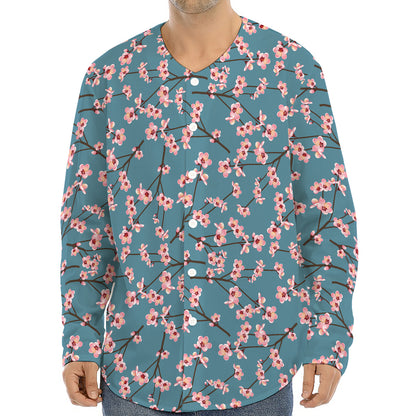 Pink Cherry Blossom Pattern Print Long Sleeve Baseball Jersey