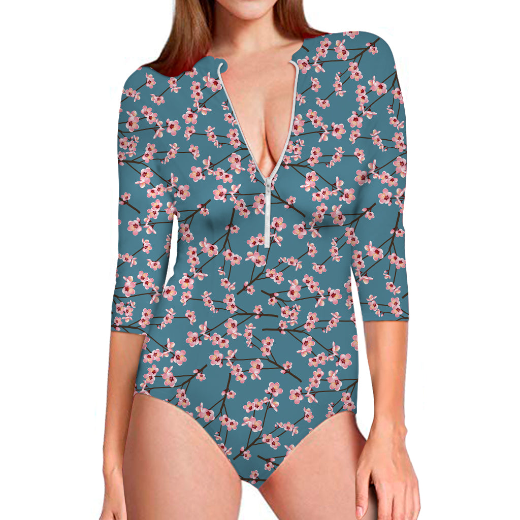 Pink Cherry Blossom Pattern Print Long Sleeve Swimsuit