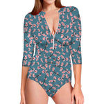 Pink Cherry Blossom Pattern Print Long Sleeve Swimsuit