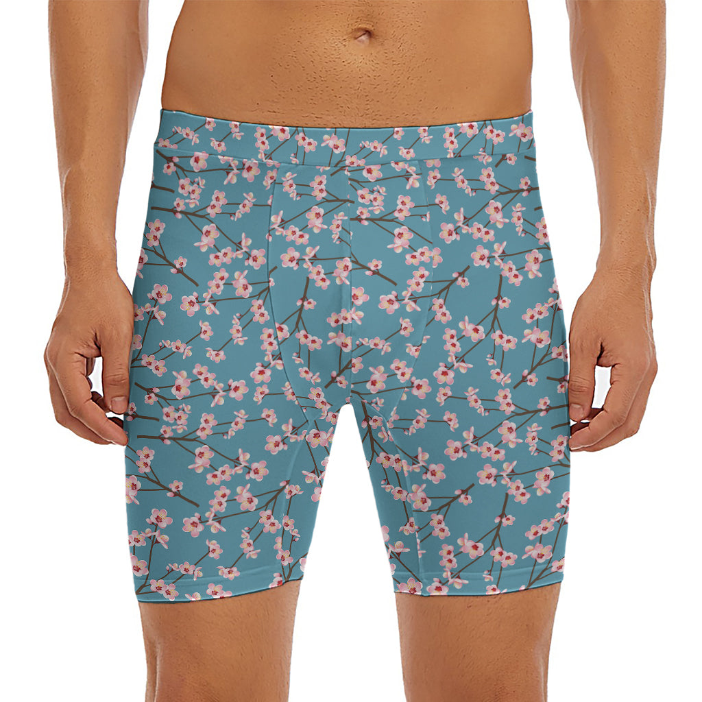 Pink Cherry Blossom Pattern Print Men's Long Boxer Briefs
