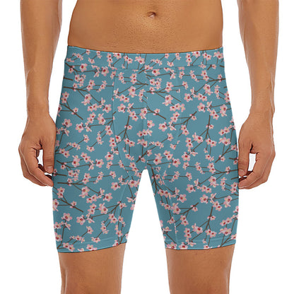 Pink Cherry Blossom Pattern Print Men's Long Boxer Briefs