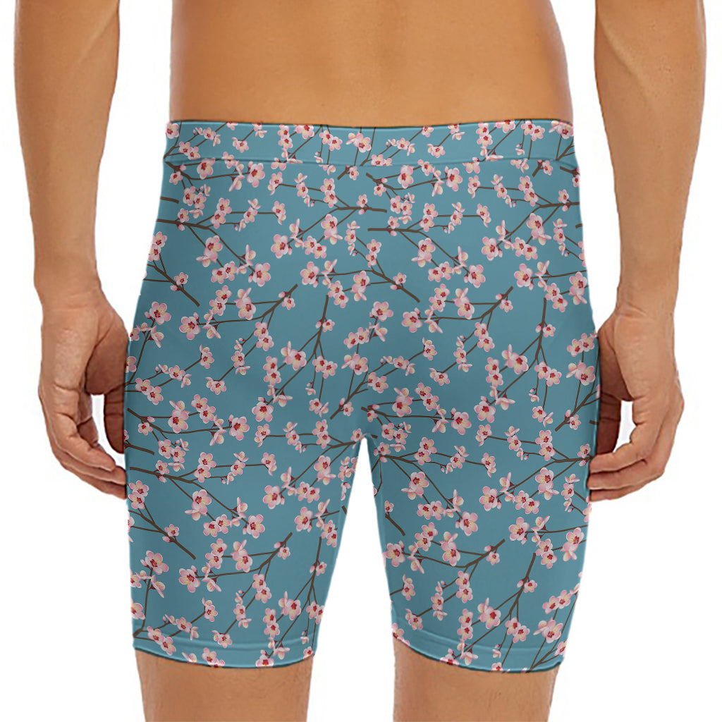Pink Cherry Blossom Pattern Print Men's Long Boxer Briefs