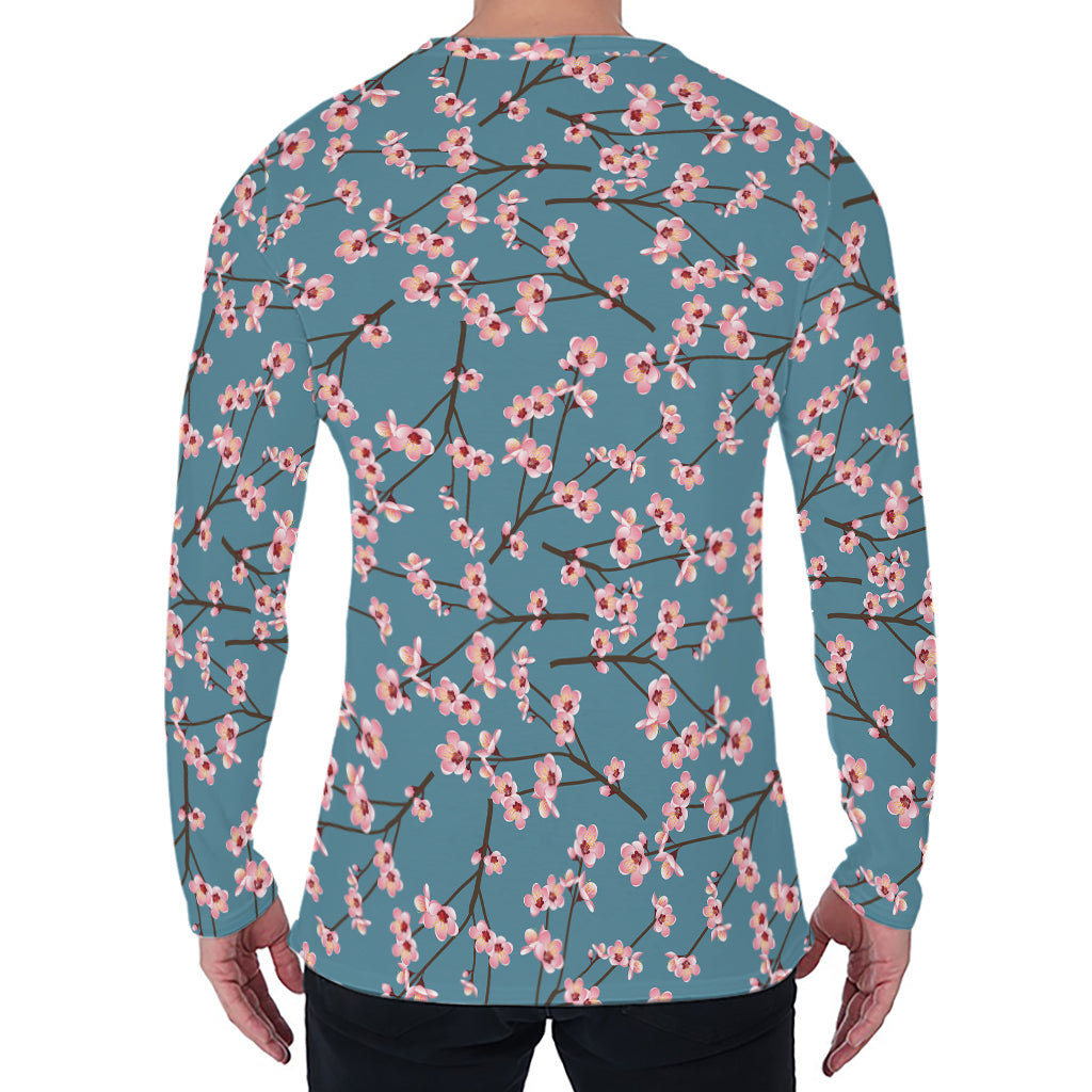 Pink Cherry Blossom Pattern Print Men's Long Sleeve T-Shirt